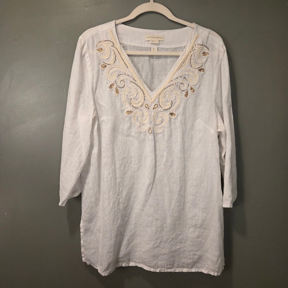 Cynthia Rowley Women's L 100% Linen 3/4 Sleeve Tunic White Ivory Beaded Neckโ